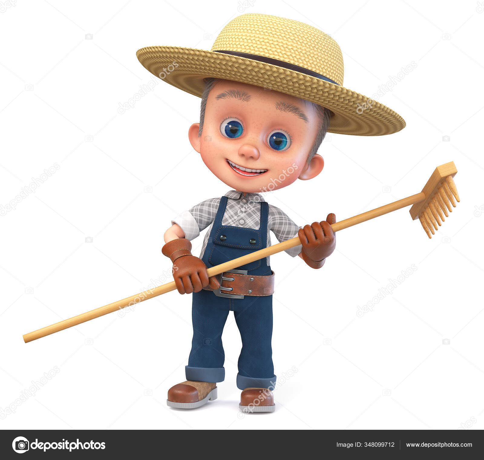 3D illustration funny farmer boy in a hat and overalls with a ra